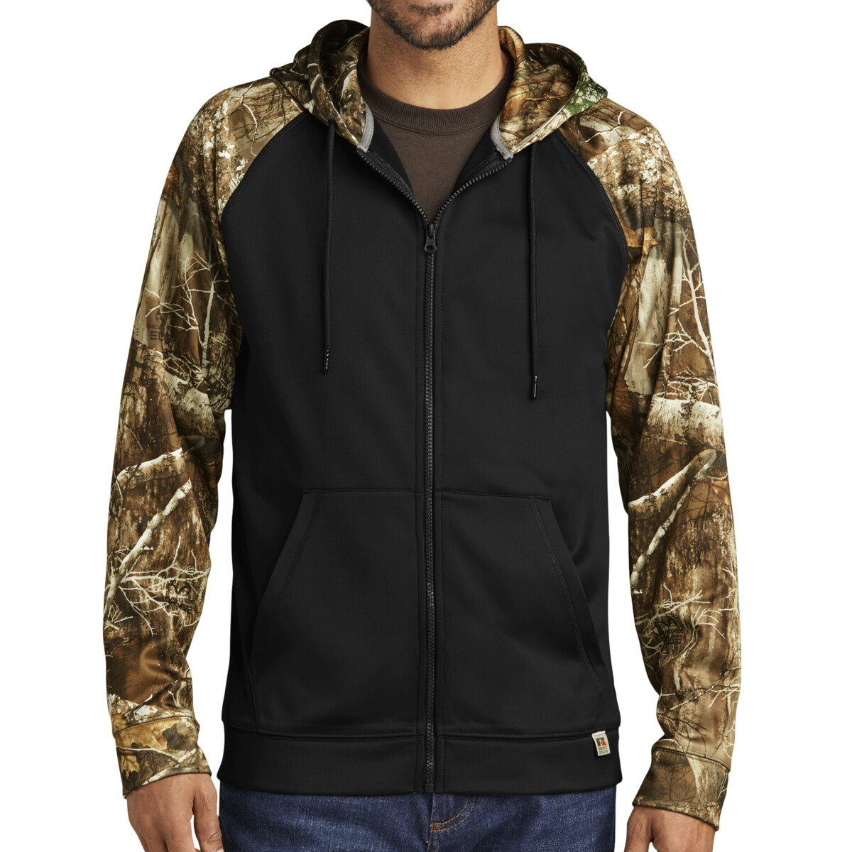 Custom No Minimum Russell Outdoors Realtree Performance Colorblock Full Zip Hoodie RU452 Front View
